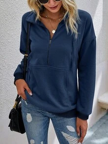 SHEIN LUNE Một nửa khóa kéo Túi kangaroo Thả vai Dây rút Áo nỉ - Màu xanh hải quân - Xem 3