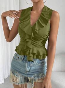 Chiquease Women's Black Elegant Ruffled Ruched Halter Top - Olive Green - View 5