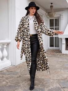SHEIN Cottnline Leopard Print Open Front Belted Longline Coat - Beige - View 4