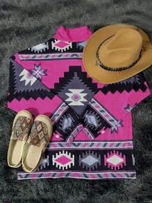 Sudadera de manga larga con cuello de cremallera media y estampado geométrico, top de manga larga - Multicolor - Ver 2