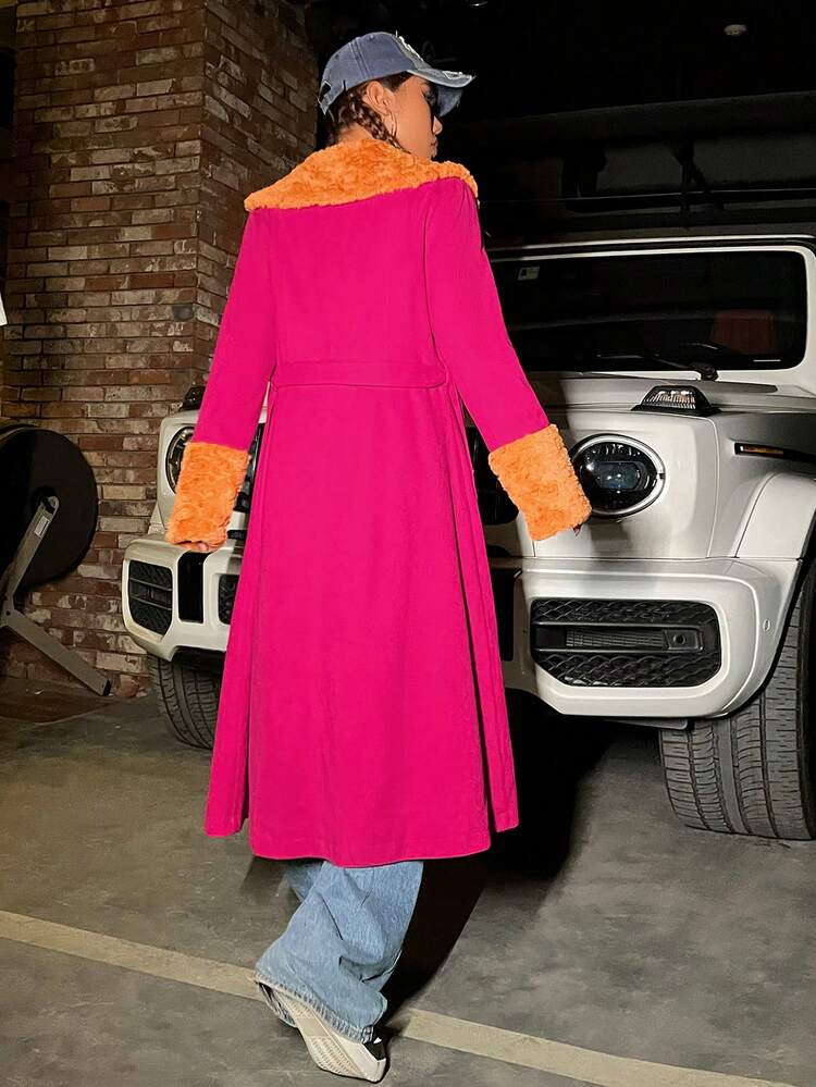 Contrast Fuzzy Trim Button Front Belted Overcoat