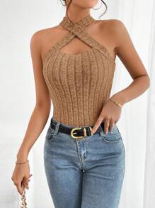 SHEIN Essnce Criss Cross Front Halter Top - Camel - View 5