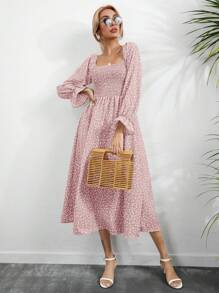 SHEIN VCAY 碎花方領荷葉袖洋裝 - 粉色 - 查看 6