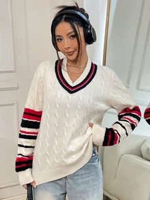 SHEIN EZwear 條紋飾邊麻花編織套頭毛衣 - 杏色 - 查看 5