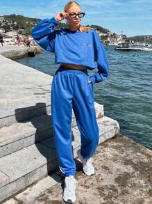 EURMUSE Embroidery Letter Pattern Drop Shoulder Sweatshirt & Sweatpants - Royal Blue - View 3