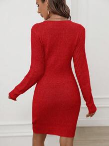 SHEIN Clasi Solid Cable Knit Bodycon Sweater Dress - Red - View 2