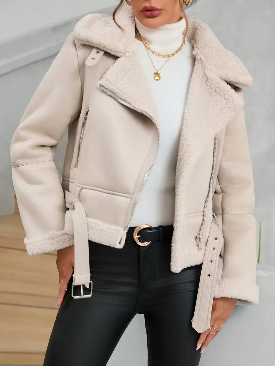 Aveloria Modichic Teddy Lined Zip Up Moto Jacket Faux Leather Aviator Jacket With Borg Lining 