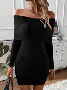 EMERY ROSE 折邊一字肩緊身毛衣洋裝 - 黑色 - 查看 4