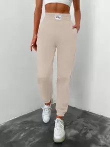 RueChic Letter Patched Detail Slant Pocket Pants - Khaki - View 5