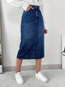 EURMUSE 後背開衩牛仔半身裙 - 藍色 - 查看 5