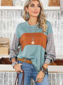 Acelitt 条纹拼布主教袖圆领休闲宽松T恤 - 綠色 - 查看 3