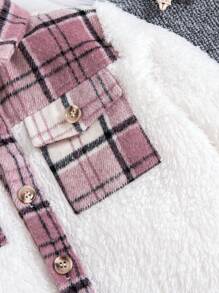 SHEIN 男小童格紋印花拼接格紋翻蓋口袋絨毛外套 - 白色 - 查看 4