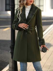 SHEIN Clasi Borg Collar Belted Overcoat - Army Green - View 4