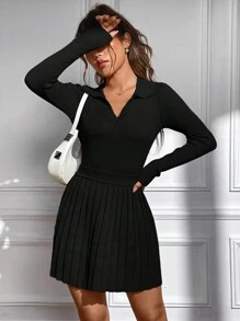 SHEIN Unity 素色套頭毛衣&條紋針織百褶針織短裙 - 黑色 - 查看 6