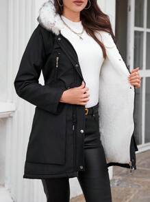 EURMUSE Drawstring Waist Fuzzy Collar Parka Coat - Black - View 6