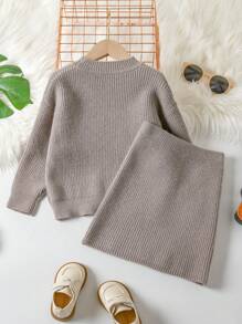 SHEIN 女小童補丁貼口袋毛衣和針織裙 - 卡其色 - 查看 2