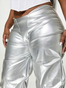 Talla grande Pantalones reflectante de color metálico unicolor fruncido - Plateado - Ver 3