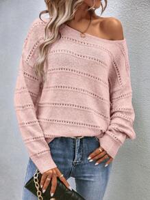 SHEIN LUNE Boat Neck Pointelle Knit Drop Shoulder Sweater - Pink - View 5