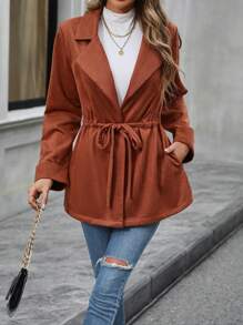 SHEIN LUNE Lapel Neck Drawstring Waist Open Front Coat Fall Cloth For Women - Rust Brown - View 3
