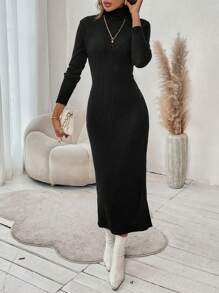 SHEIN Frenchy Áo cao cổ Tách đùi Đầm - màu đen - Xem 5