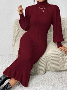 Chiquease Turtleneck Lantern Sleeve Ruffle Hem Sweater Dress Fall Winter Cloth For Women - Burgundy - View 3