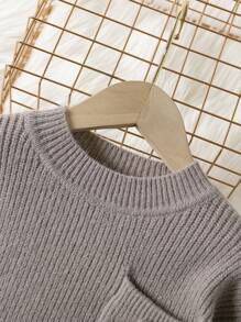 SHEIN 女小童補丁貼口袋毛衣和針織裙 - 卡其色 - 查看 6