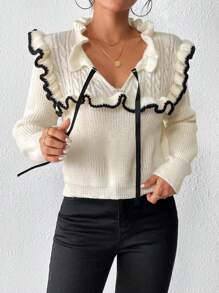 Pariaura 撞色荷叶边系带毛衣，长袖针织套头衫，秋冬毛衣 - 米色 - 查看 5