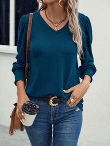 SHEIN LUNE Chất rắn Cổ v Ống tay áo Áo thun - Màu xanh hải quân - Xem 3