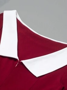 HOMEYEE 拼接邊船領緊身洋裝 - 酒紅色 - 查看 4