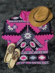 Sudadera de manga larga con cuello de cremallera media y estampado geométrico, top de manga larga - Multicolor - Ver 3