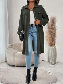 SHEIN Frenchy Chaqueta De Un Solo Pecho Con Cuello De Solapa Y Color Sólido - Verde militar - Ver 4