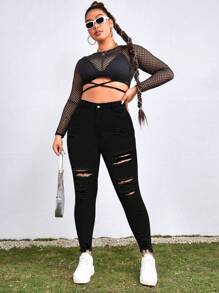 SHEIN ICON Plus Ripped Raw Hem Skinny Jeans - Black - View 5