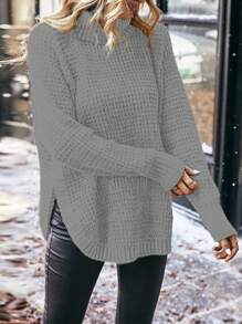 SHEIN LUNE 高領插肩袖弧形下擺套頭毛衣 - 灰色 - 查看 3