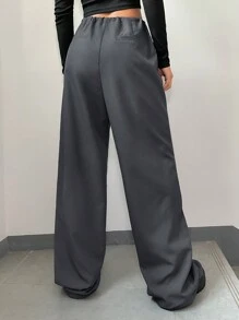 EURMUSE Solid Drawstring Waist Wide Leg Pants - Dark Grey - View 3