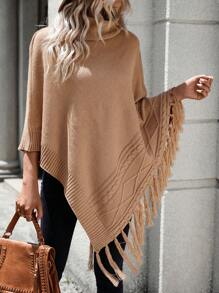 SHEIN Clasi 高領流蘇邊蝙蝠袖不對稱下擺斗篷毛衣 - 卡其色 - 查看 4