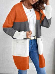 SHEIN LUNE 撞色雙口袋落肩袖開襟開衫 - 棕色 - 查看 5