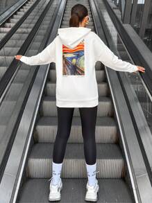 EURMUSE Letter Graphic Drop Shoulder Drawstring Hoodie - White - View 2