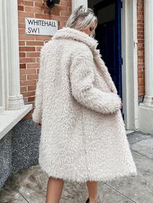 Eilly Bazar Solid Button Front Fuzzy Coat - Beige - View 2