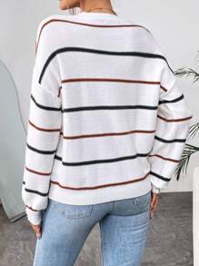 SHEIN LUNE Jersey con patrón de rayas de hombros caídos - Blanco - Ver 2