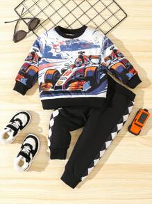 Baby Boy Car & Figure Graphic Sweatshirt & Chevron Print Sweatpants - Black - View 1