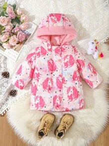 Baby Girl Unicorn Print Hooded Padded Coat - Pink - View 1