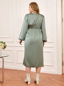 SHEIN Clasi Hơn Tay áo lồng đèn Nút ven Váy quấn - xanh quân đội - Xem 2