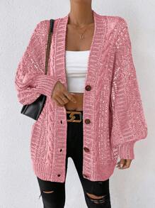 Chiquease Marled Knit Lantern Sleeve Button Front Cardigan - Pink - View 1