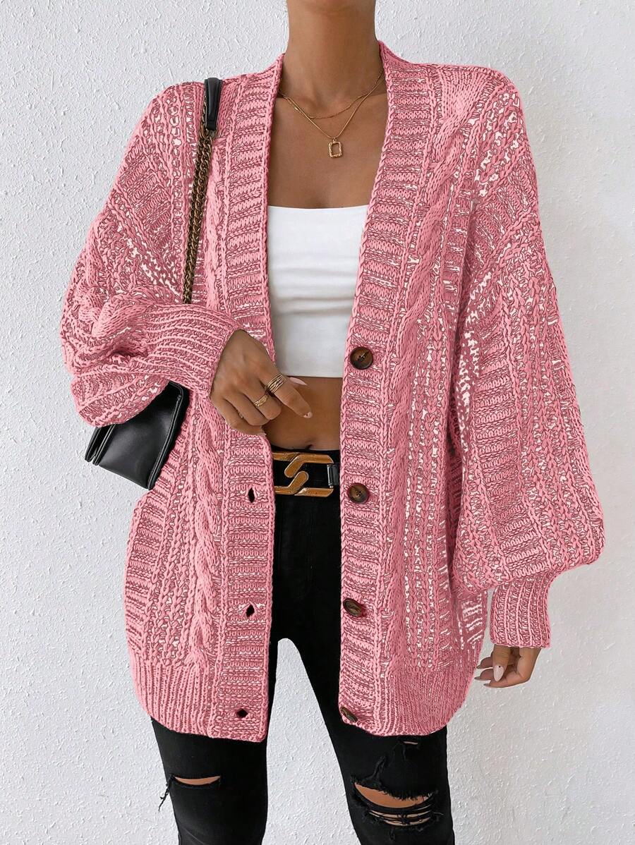 Chiquease Marled Knit Lantern Sleeve Button Front Cardigan - Pink - View 1