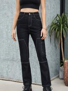 Vaqueros Acampanados Con Costuras Superiores - Negro - Ver 1