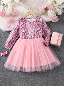SHEIN Chica Joven Vestido con lentejuelas con estampado bajo con malla - Rosa - Ver 1
