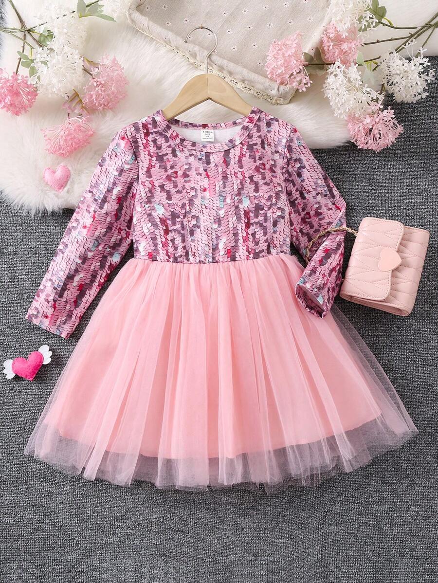 SHEIN Chica Joven Vestido con lentejuelas con estampado bajo con malla - Rosa - Ver 1