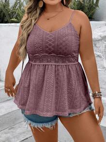 Breezaya Plus Eyelet Embroidery Contrast Lace Peplum Cami Top - Dusty Pink - View 7