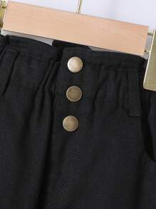 SHEIN Young Girl Casual Boho Holiday White Paperback Waist Flat Pockets Mom Jeans With Button Front , Girls Daily OOTD Outfits Summer Holiday - Black - View 3