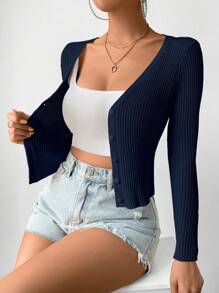 EMERY ROSE Button Front Ribbed Knit Cardigan Fall Winter Cloth For Women - Navy Blue - View 3